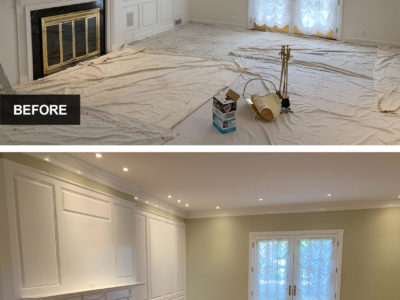 A living room transformation: the top shows a bare, unfinished space, while the bottom reveals a completed room with fresh paint and hardwood floors.