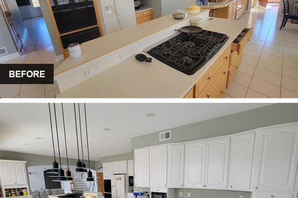 Precision Painting Plus residential interior painting kitchen cabinets before and after