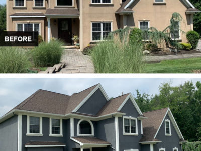 A side-by-side comparison of a house before and after exterior painting, showcasing a color change from beige to dark gray.