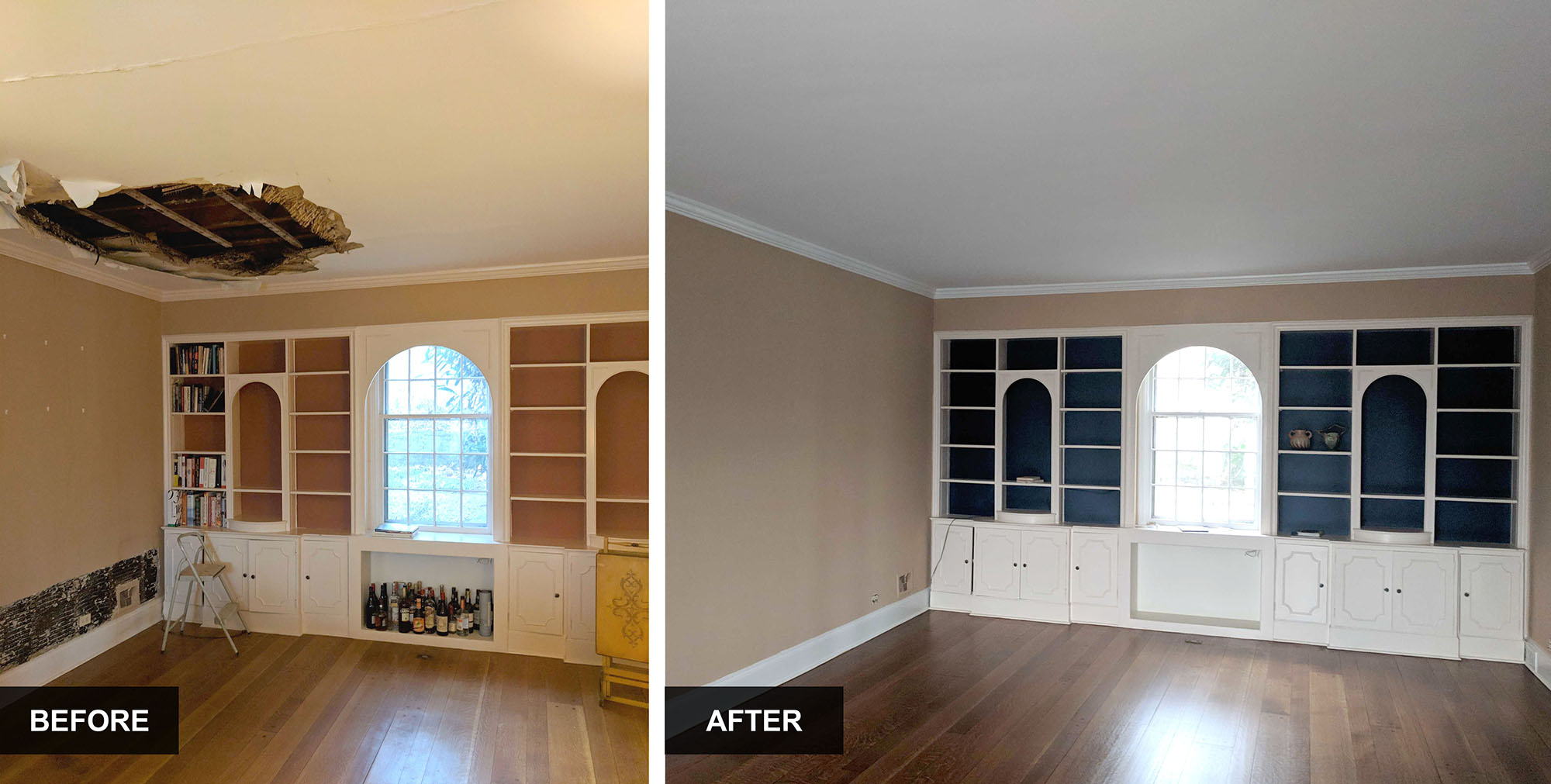 Before and After of Precision Painting Plus painting project that included water damage and ceiling repair