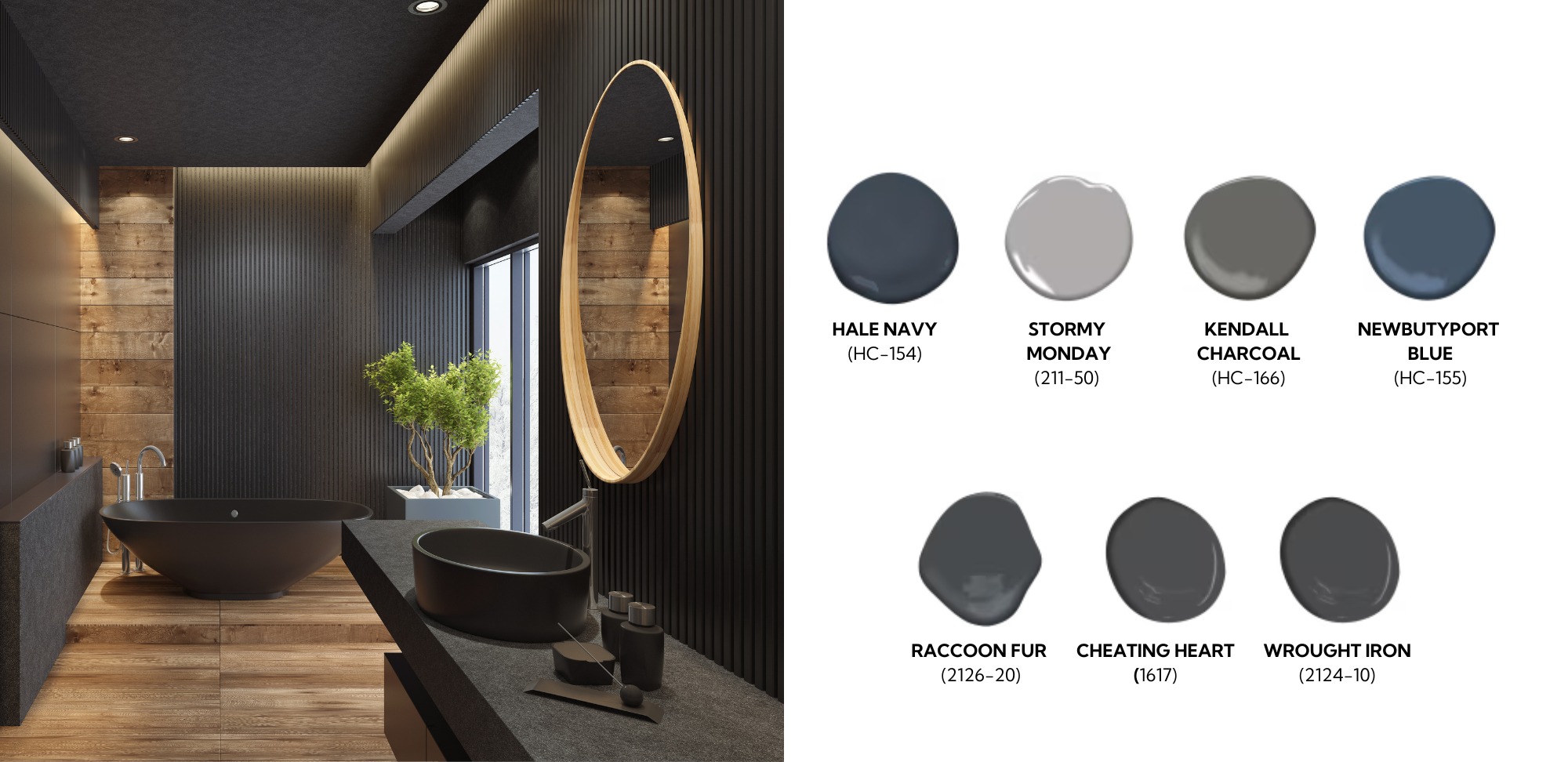 Dark gray painted bathroom photo next to bold dark gray and dark blue paint color dollops by Benjamin Moore