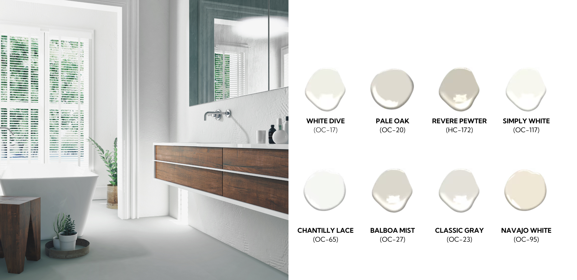 White painted bathroom photo next to neutral paint color dollops by Benjamin Moore