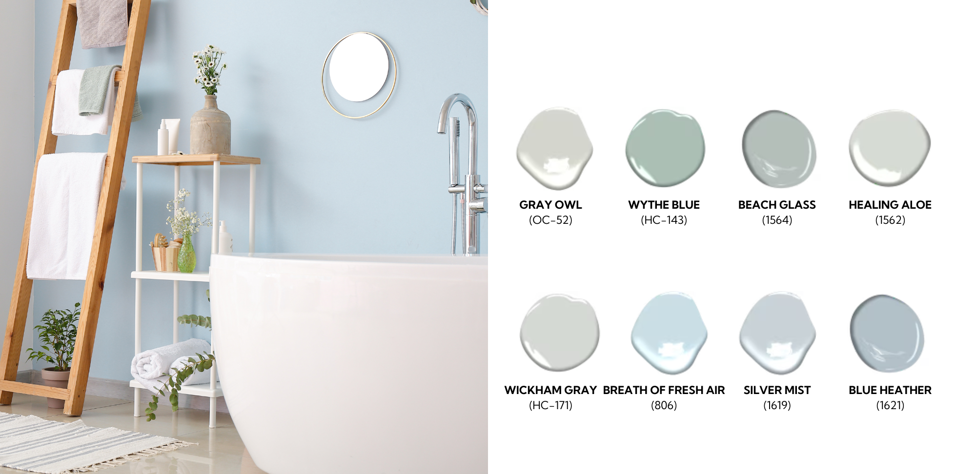 Light blue painted bathroom photo next to light blue paint color dollops by Benjamin Moore
