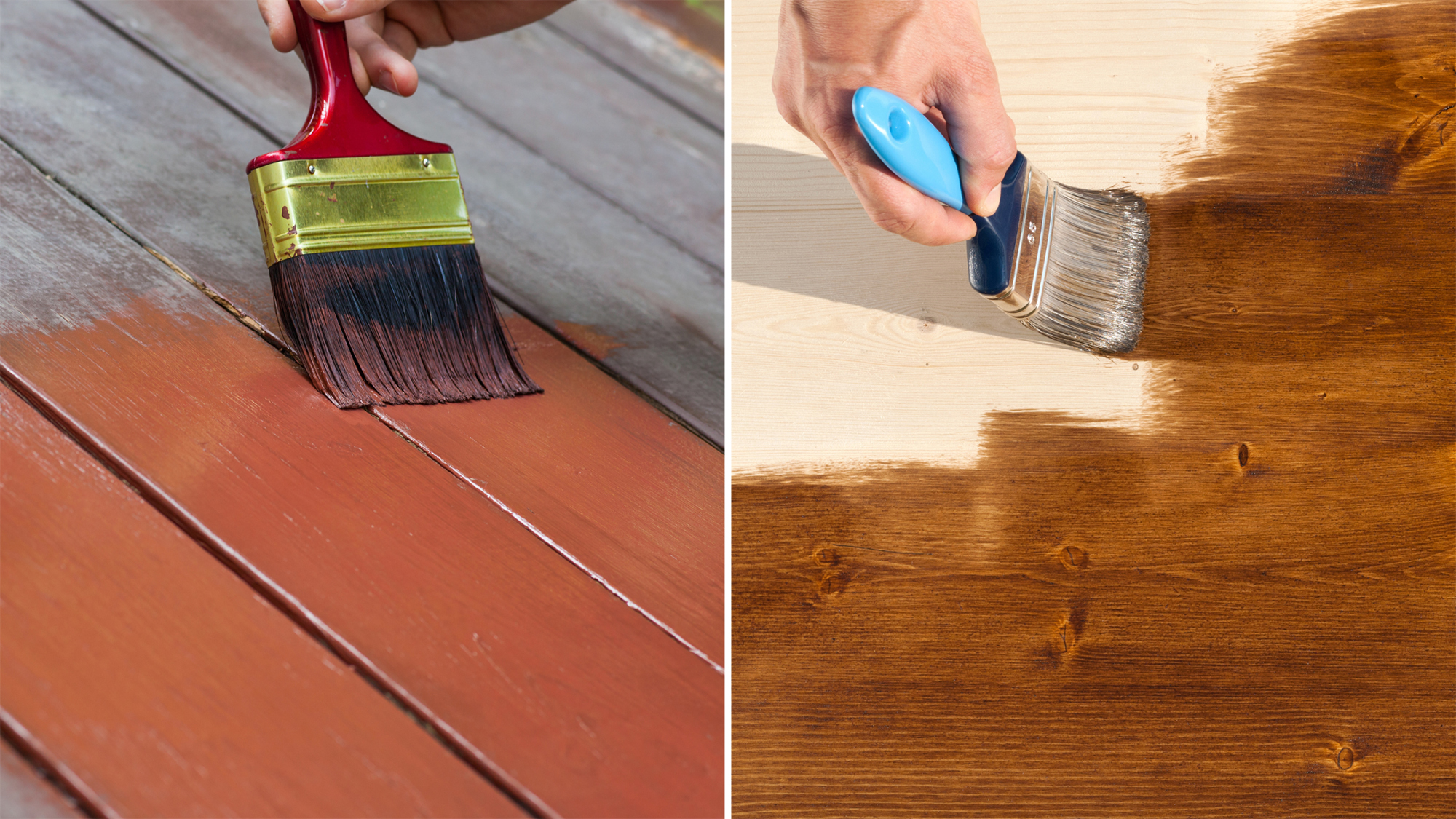On the left is a paintbrush painting wood and on the right is a paintbrush staining wood