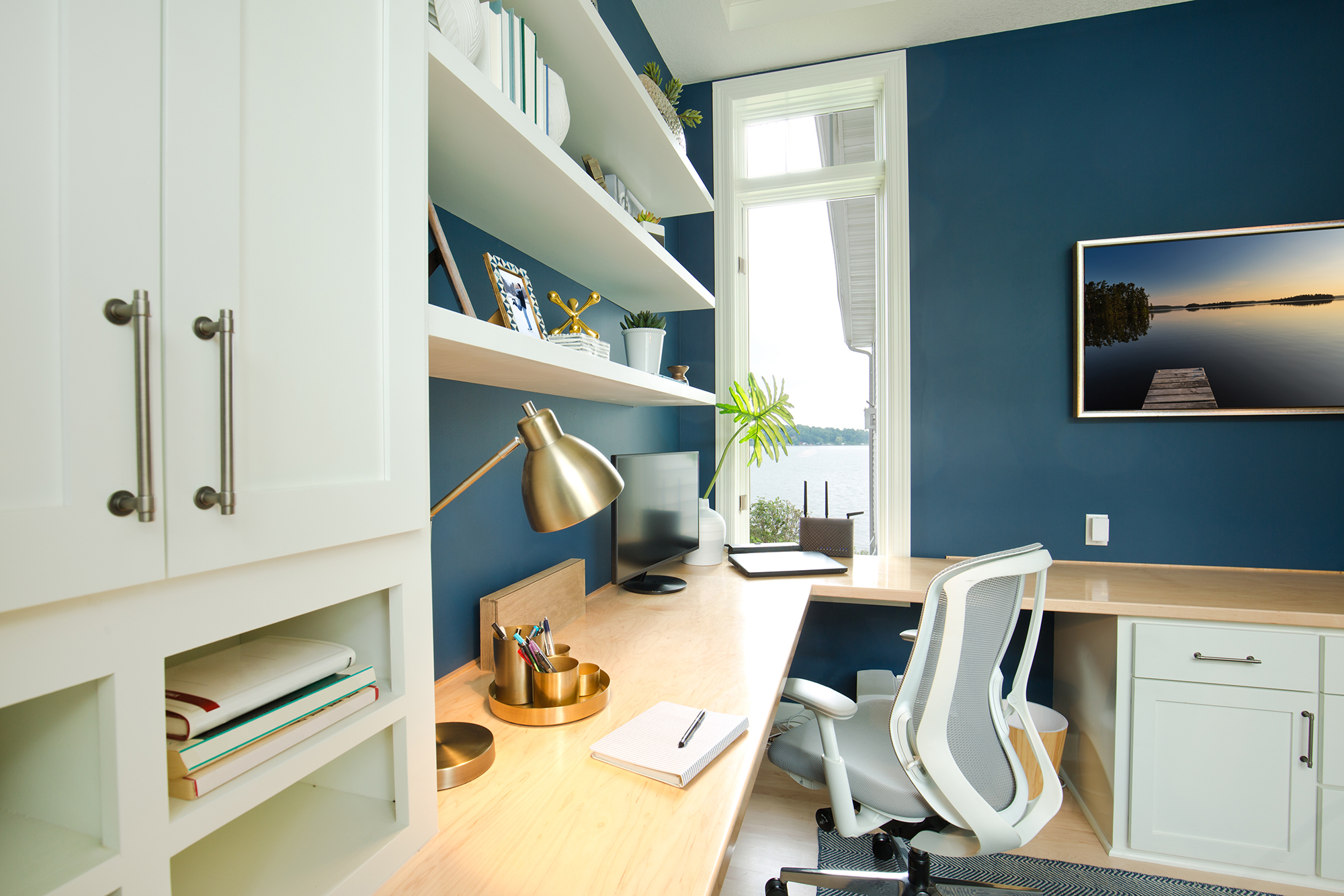Home office with painted dark blue walls